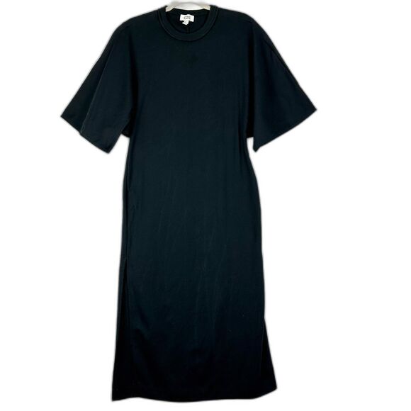 COS Cotton Midi Dress Size Medium Black Cotton Cape Shoulder Slit Hem Minimalist - Picture 1 of 6